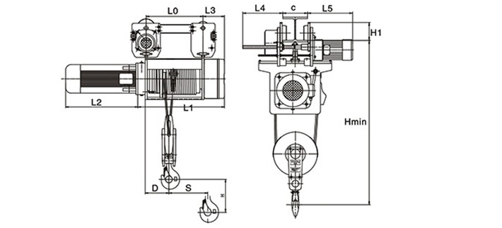 運(yùn)行式鋼絲繩電動葫蘆結(jié)構(gòu)尺寸圖片
